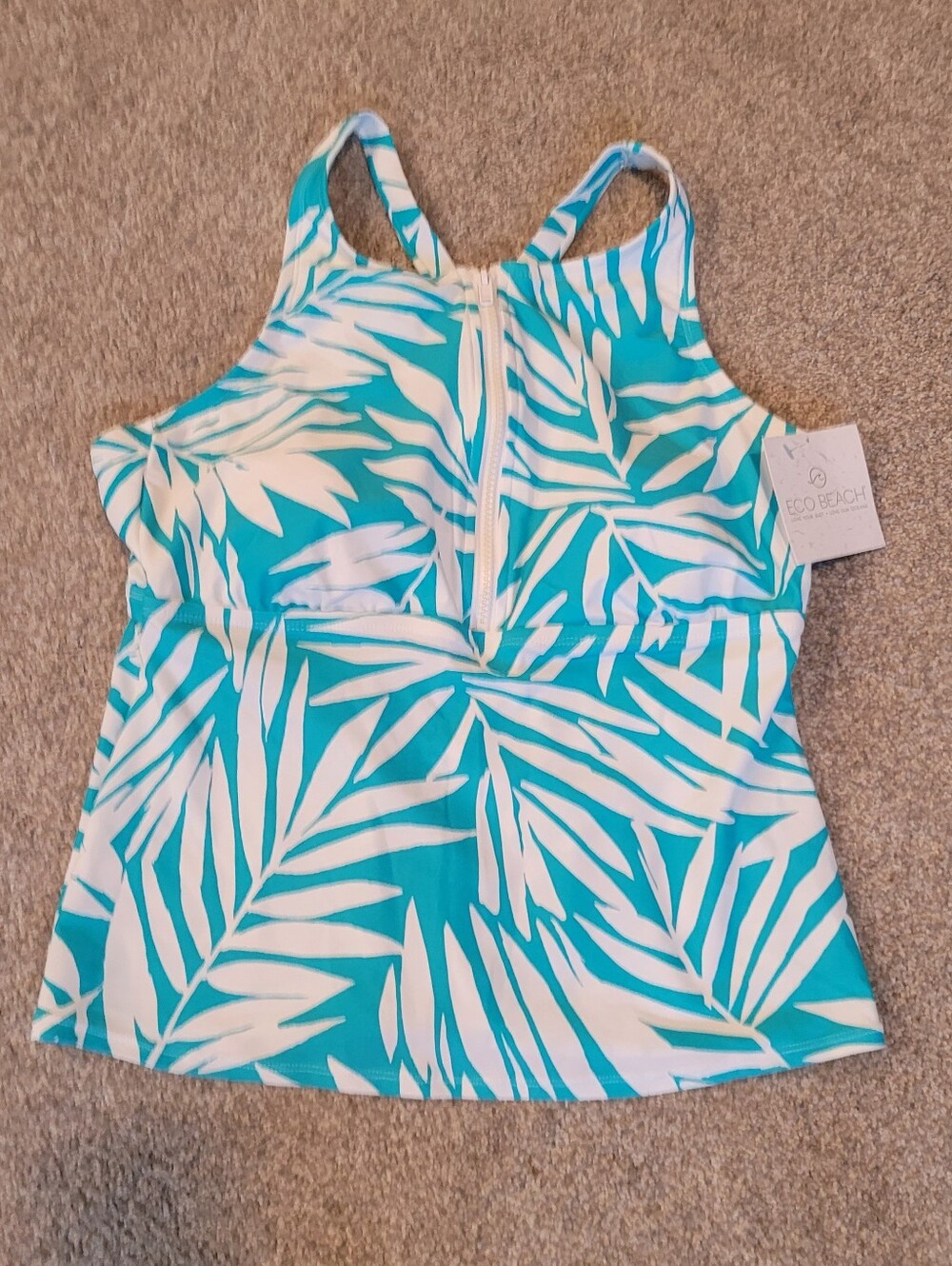 SWIM ECO Beach NWT, Zip Front Turquoise & White Palm Print Tankini SWIM Top